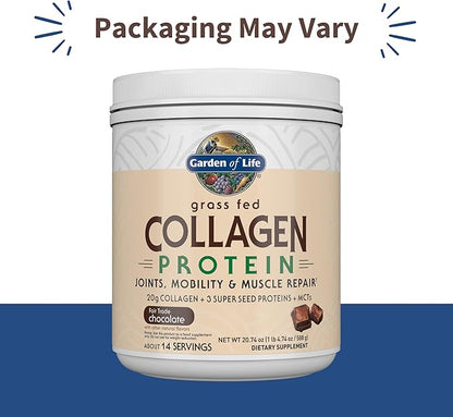 Garden of Life Grass Fed Collagen Protein Powder - Chocolate, 14 Servings, Powder for Joints Mobility Muscle Repair, Collagen Peptides + Super Seeds + Coconut MCTs, Keto Supplement