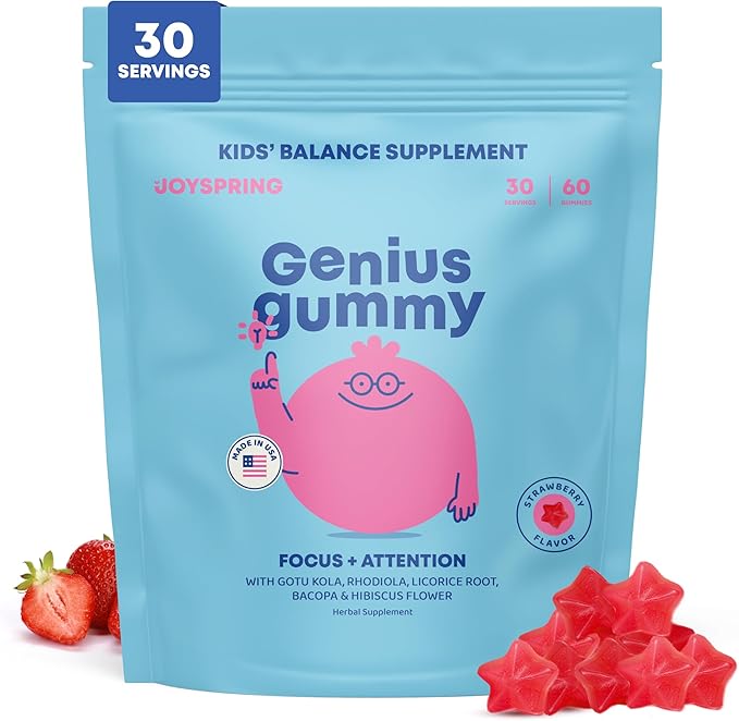 JoySpring Genius Kids Focus Gummies – Natural Herbal Brain Supplement for Kids | Vegan, Gluten-Free, Sugar-Free with Bacopa, Gotu Kola, Rhodiola – 60 Count