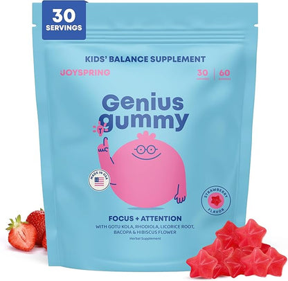 JoySpring Genius Kids Focus Gummies – Natural Herbal Brain Supplement for Kids | Vegan, Gluten-Free, Sugar-Free with Bacopa, Gotu Kola, Rhodiola – 60 Count