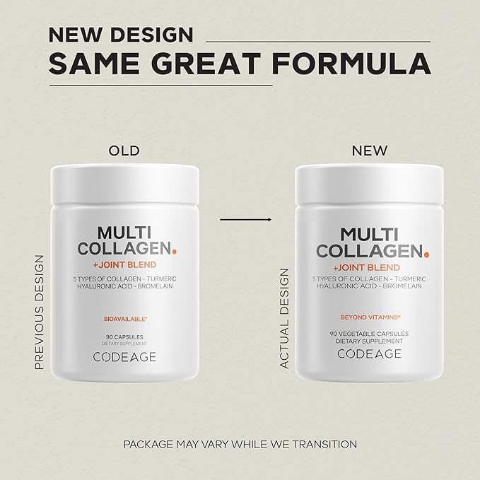 Codeage Multi Collagen Protein + Joint Blend Supplement, Hyaluronic Acid, Bromelain, Turmeric, Ginger, Boswellia, Astaxanthin - Hydrolyzed Bovine Collagen - 5 Collagen Types - Non-GMO - 90 Capsules