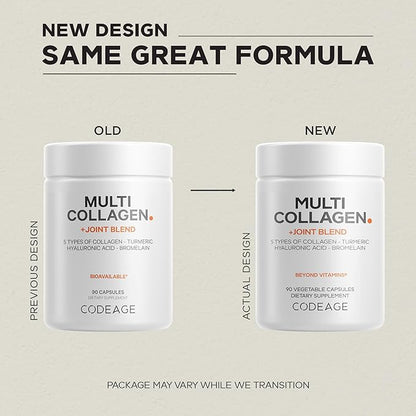 Codeage Multi Collagen Protein + Joint Blend Supplement, Hyaluronic Acid, Bromelain, Turmeric, Ginger, Boswellia, Astaxanthin - Hydrolyzed Bovine Collagen - 5 Collagen Types - Non-GMO - 90 Capsules