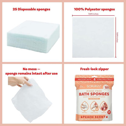 Scrubzz Disposable No Rinse Bathing Wipes for Sensitive Skin - All-in-1 Single Use Shower Wipes, Simply Dampen, Lather, and Dry Without Shampoo or Rinsing (Peach, 2-Pack)