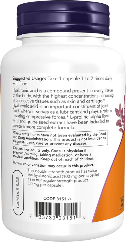 NOW Foods Supplements, Hyaluronic Acid 100 mg, Double Strength with L-Proline, Alpha Lipoic Acid and Grape Seed Extract, 120 Veg Capsules