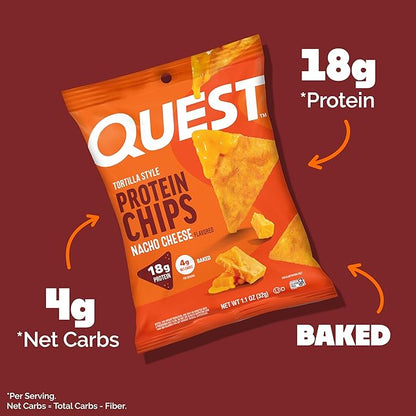 Quest Nutrition Nacho Cheese Tortilla Style Protein Chips, 18g Protein, 4g Net Carb, Low Carb, Gluten Free, 1.1 oz (Pack of 12)