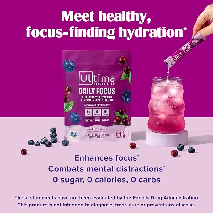 Ultima Replenisher Daily Focus Supplement & Electrolytes Powder - Acai Blueberry, 14 Stickpacks - Hydration Packets, 60mg Caffeine from Green Tea Extract & L-Theanine to Improve Focus & Concentration