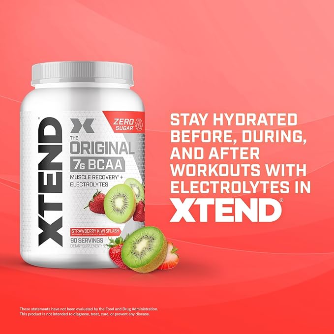 Xtend Original BCAA Powder, 7g BCAAs and 2.5g L-Glutamine for Muscle Recovery Hydration and Lean Muscle, Sugar Free Intra and Post Workout Drink with Electrolytes, Strawberry Kiwi Splash, 90 Servings