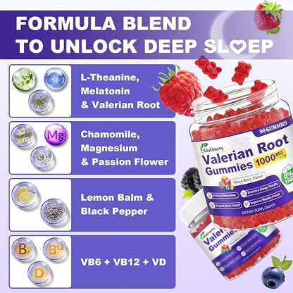 90 Count | Valerian Root Gummies with Melatonin & L-Theanine, Natural Valerian Root Extract Supplements for Deep Zzz, Relaxation & Calming, Mixed Berry Flavor, Sugar Free, Non-GMO
