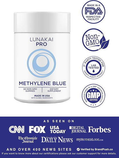 Lunakai PRO USA Made Methylene Blue Gummies 20mg with CoQ10 & Vitamin C – USP & Pharmaceutical Grade Daily Nootropic for Brain Focus, Cognitive Support & Energy, Non-GMO, 60ct