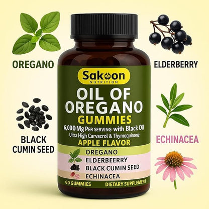 Sakoon nutrition Oil of Oregano Gummies – Immune Support with Oregano Oil 300mg, Black Cumin Seed, Elderberry, Echinacea – Antioxidants & Respiratory Health – Vegan, Non-GMO, Tasty Herbal Supplement