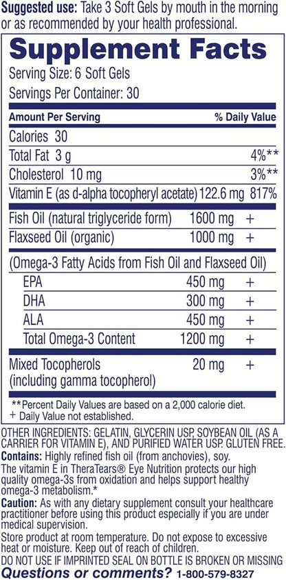 TheraTears Omega 3 Supplement for Eye Care, 1200mg Fish Oil and Organic Flaxseed Oil with Vitamin E, 180 Count