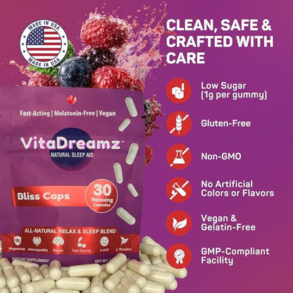 Melatonin-Free Sleep Capsules| Magnesium, Ashwagandha, Tart Cherry & L-Theanine | Natural Calm & Restful Sleep Support | Vegan, Sugar Free Bliss Berry | 30 Count