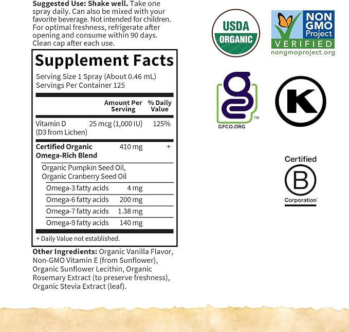 Garden of Life Organics Vegan Vitamin D3 for Women and Men,Liquid 1000 IU Per Spray,D3 Plus Omegas - Vanilla Flavor - 125 Servings - 2fl oz Liquid Whole Food Vitamin Supplement,(Pack of 2)