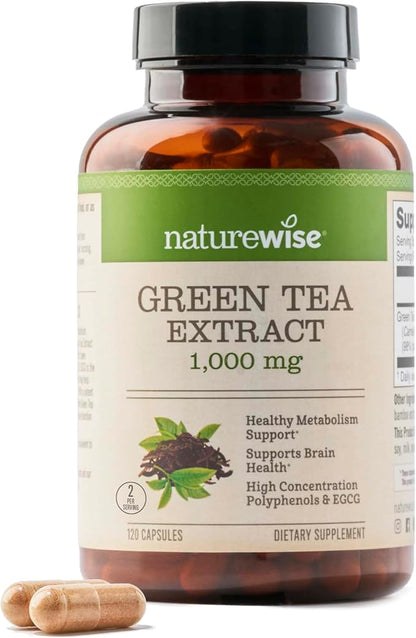 NatureWise Green Tea Extract Capsules 1000 mg - 50% EGCG & 98% Polyphenols - Extra Strength Green Tea Pills - Antioxidants for Heart Health & Energy - Vegan, Non-GMO - 120 Count[60-Day Supply]