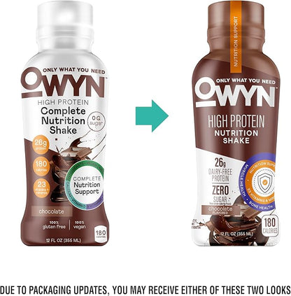 OWYN Only What You Need High Protein Shake, Chocolate and Vanilla Flavored, 26g Protein, 0g Sugar, 3g Fiber, Dairy Free, Plant Based Protein Drink, 12 Count