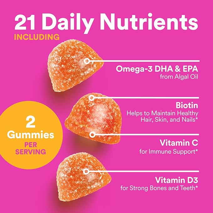 SmartyPants Teen Girl Multivitamin Gummies, Omega 3 (DHA/EPA), Vitamin C, D3, B12, Vitamin A, K & Zinc, Biotin to Support Hair, Skin & Nails, Gluten Free, 60 Count (30 Day Supply)