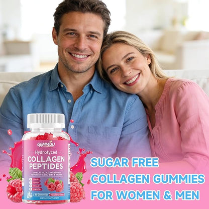 Collagen Peptide Gummies for Women & Men, Collagen Protein Type I,II,III,V,X with Biotin Vitamin C, D, Hydrolyzed Collagen Supplement for Skin, Hair, Nails, Raspberry Flavor, 60 Count