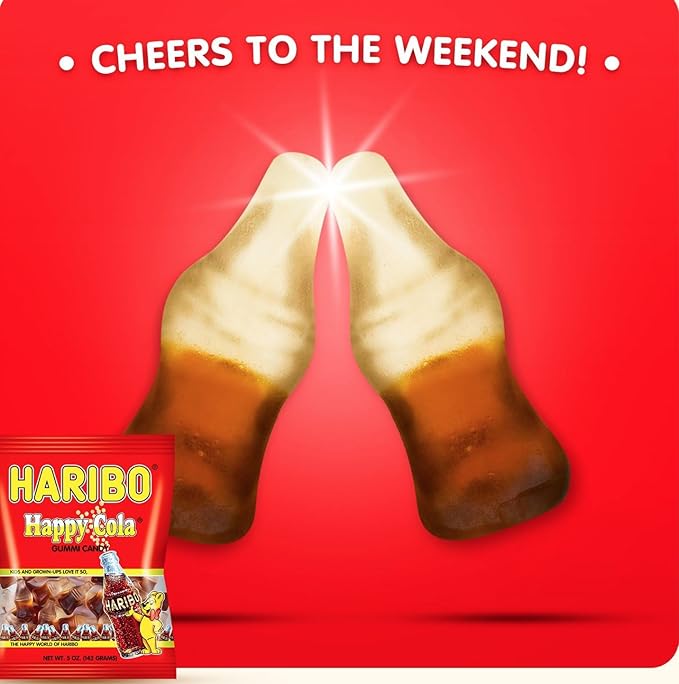 HARIBO Gummi Candy, Happy-Cola Gummy Candy Soda Bottles, 5 Ounce Share Size Bags (Pack of 12) Delicious Soft & Chewy Sweet Snacks, Classic Cola Flavor