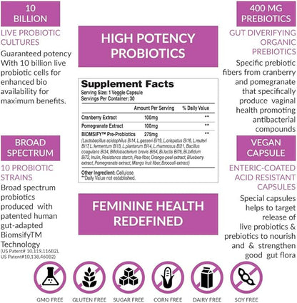Biom Complete Feminine Balance Women's Daily Probiotics + Prebiotics with Organic Cranberry & Pomegranate with Lactobacillus crispatus, Gluten &, Dairy-Free. 30 Servings