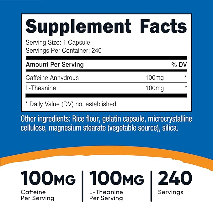 Nutricost Caffeine with L-Theanine, 100mg of Each, 240 Capsules, 240 Servings - Non-GMO and Gluten Free (Pack of 2)