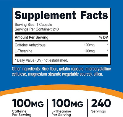 Nutricost Caffeine with L-Theanine, 100mg of Each, 240 Capsules, 240 Servings - Non-GMO and Gluten Free (Pack of 2)