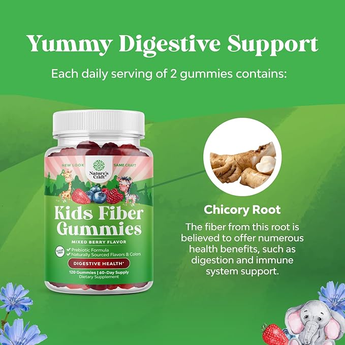 Natures Craft High Prebiotic Fiber Gummies for Kids - Dietary Fiber Supplements for Digestion & Constipation - Chicory Root Kids Immune Gummies - Non-GMO Digestive Nutritional Supplements - 120 Count