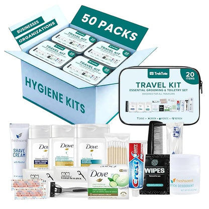 TrekTote 20 Piece Hygiene Kit Bulk, Travel Size Toiletries Set, Care Package Supplies, Mini Deodorant Shampoo Body Wash Toothbrush Toothpaste Razor Kit, TSA Approved, Clear Bag