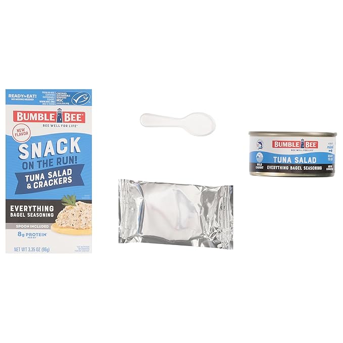 Bumble Bee Snack On The Run Everything Bagel Seasoning Tuna Salad With Crackers Kit, 3.35 oz - Ready To Eat, Spoon Included - Wild Caught Tuna - Shelf Stable & Convenient Protein Snack (Pack of 4)