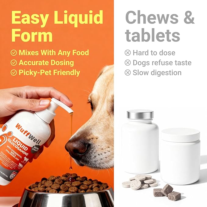 WuffWell Liquid Glucosamine for Dogs Hip & Joint Support with Chondroitin, MSM & Hyaluronic Acid, Dog Joint Supplement for Mobility & Cartilage Health, Easy Pump Dosage, All Breeds, Made in USA, 16oz