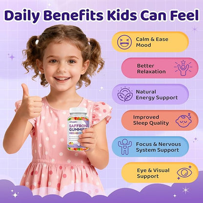 Saffron Gummies for Kids & Adults, 20-in-1 Saffron Supplements with 88.5mg Saffron Extract, B6, B12, C, D3, Magnesium for Calm, Focus, Nerve, Sugar Free, Vegan, Non-GMO, Mixed Fruit Flavor, 120 Counts