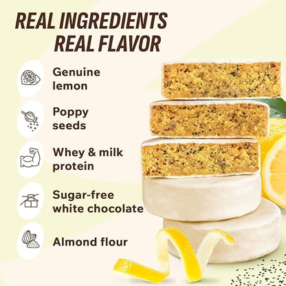 Fitness SHOCK Lemon Poppy Seed Protein White Brownie - No Added Sugar, 7.5g Protein, Low Carb Guilt-Free Dessert - 0g Added Sugar, 10g Net Carbs, 5g Fiber, Non-GMO - 10 x 50g