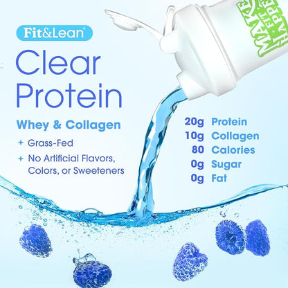 Fit & Lean Clear Protein Powder with Whey Isolate Protein and Collagen, Grass Fed, Muscle Recovery, Skin, Joints, GLP-1 Support, 0g Sugar, Blue Raspberry, 20 Servings