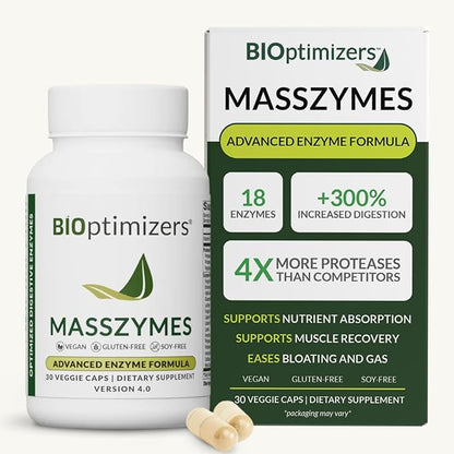 BIOptimizers MassZymes - Complete Digestive Enzymes Supplement for Gut Health - Bloating Relief for Men and Women - Lipase Amylase Bromelain Digestive Enzymes (30 Capsules)