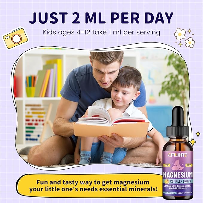 Kids Magnesium Liquid Drops-Magnesium Glycinate Liquid for Kids Supplement-w/L-theanine, Omega-3, Vitamin B6, D3 - for Sleep, Relaxation, Brain, Bones - Mango Flavor, 4 Fl Oz