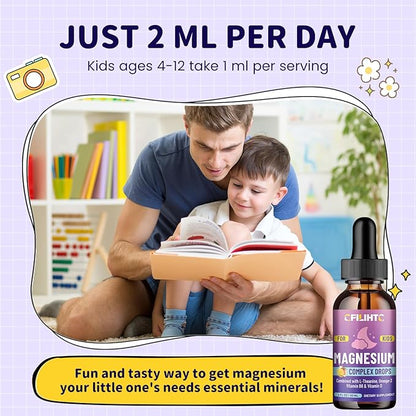 Kids Magnesium Liquid Drops-Magnesium Glycinate Liquid for Kids Supplement-w/L-theanine, Omega-3, Vitamin B6, D3 - for Sleep, Relaxation, Brain, Bones - Mango Flavor, 2 Fl Oz