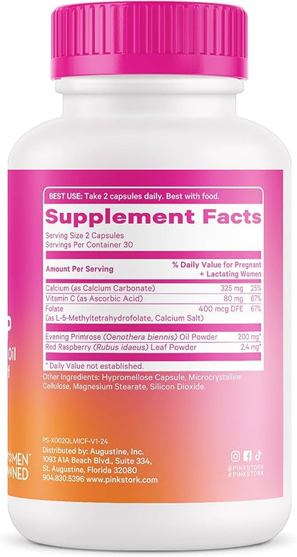 Pink Stork Labor Prep Supplement – Evening Primrose Oil & Red Raspberry Leaf for Third Trimester, Gentle Labor & Postpartum Support, Pregnancy & Breastfeeding Safe, 60 Vegan Capsules