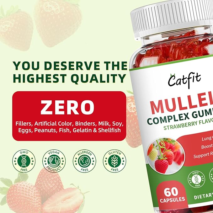 Catfit Mullein Gummies for Lungs Detox &Lymphatic Drainage,Mullein Leaf Extract,Quercetin&Elderberry for Respiratory & Immune Support,Vegan, Strawberry Flavor, 120 Gummies
