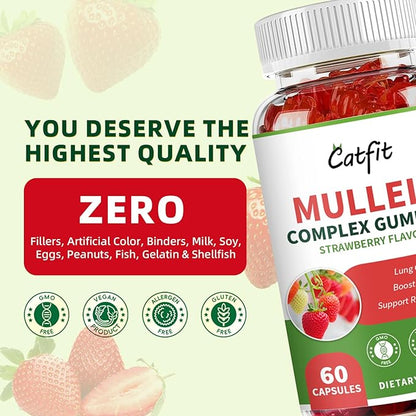 Catfit Mullein Gummies for Lungs Detox &Lymphatic Drainage,Mullein Leaf Extract,Quercetin&Elderberry for Respiratory & Immune Support,Vegan, Strawberry Flavor, 120 Gummies