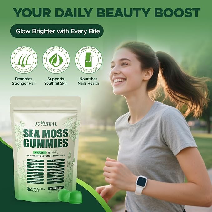 16 in 1 Sea Moss Gummies with Ashwagandha Black Seed Oil Bladder Wrack Turmeric Vitamin C & D3 with Manuka Burdock Root, Irish Sea Moss Gummies for Women & Men, Vegan Green Apple, 2 Pack