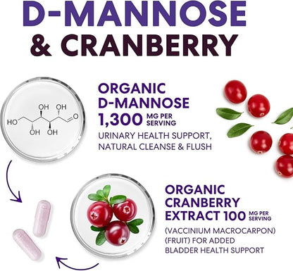 D-Mannose Supplement - 1,300mg Organic D Mannose Per Serving with Organic Cranberry Extract - Fast-Acting, Natural Urinary & Bladder Support for Women & Men – Flush & Cleanse Impurities – 60 Capsules