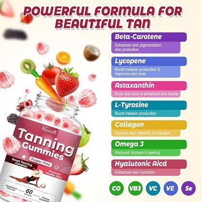 Tanning Gummies for Women, Supports Radiant Tan & Healthy Skin, Extra Strength with Astaxanthin Lycopene Beta Carotene and Vitamins - Supports Faster Tanning, Strawberry Flavored, 120 Count