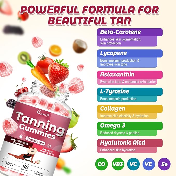 Sugar Free Tanning Gummies for Women, Supports Radiant Tan & Healthy Skin, Extra Strength with Astaxanthin Lycopene Beta Carotene and Vitamins - Supports Faster Tanning, Strawberry Flavored, 60 Count