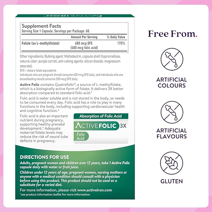 ACTIVEIRON Active Folic 400mcg – L-Methylfolate Folic Acid Supplement – Highly Absorbed, Vegan – Supports Pregnancy, Energy, Tiredness & Fatigue Reduction – 60 Capsules (2-Month Supply)