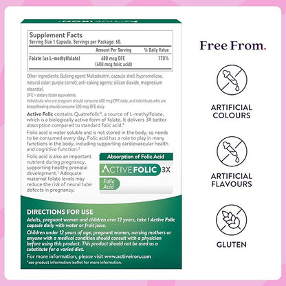ACTIVEIRON Active Folic 400mcg – L-Methylfolate Folic Acid Supplement – Highly Absorbed, Vegan – Supports Pregnancy, Energy, Tiredness & Fatigue Reduction – 60 Capsules (2-Month Supply)