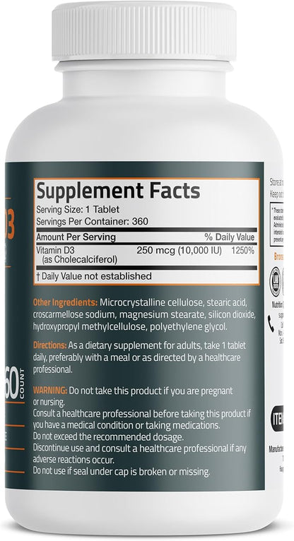 Bronson Vitamin D3 10,000iu (250mcg) Healthy Muscle Function and Immune Support, Non-GMO, 360 Tablets