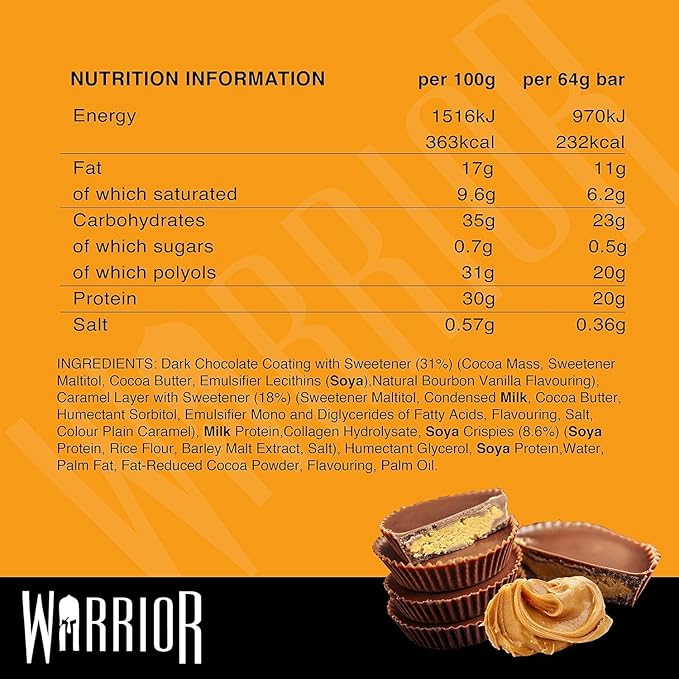 Warrior HIGH PROTEIN BARS (20g Protein each) - Low Carb, Low Sugar - Pack of 12 Caramel Crispy Crunch Bars - Dark Chocolate & Peanut Butter