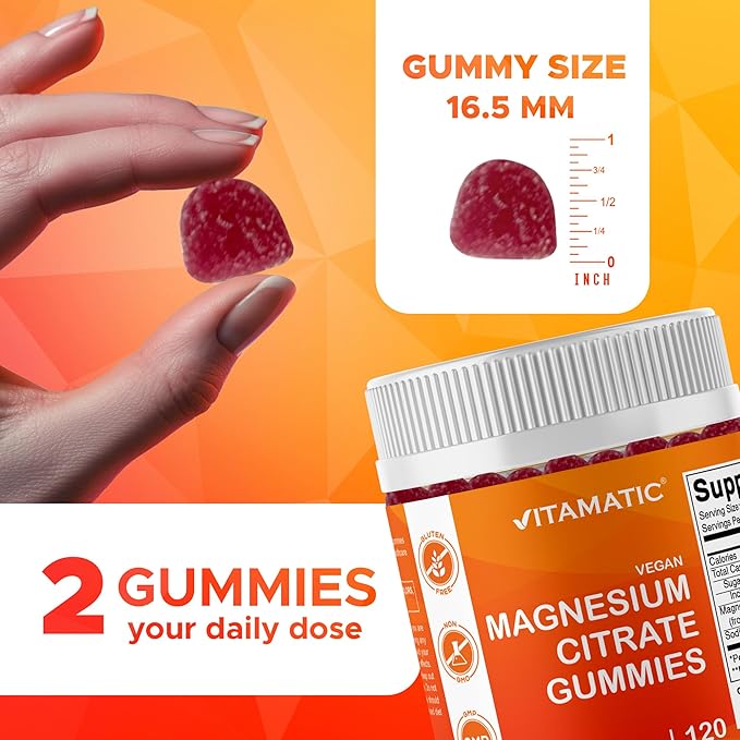 Vitamatic Magnesium Citrate Gummies 600mg per Serving - 240 Vegan Gummies - Natural Raspberry Flavor - High Absorption Magnesium Supplement - Supports Nerve, Bone and Muscle Health