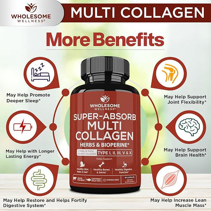 Wholesome Wellness Super-Absorb Multi Collagen Pills (Type I II III V X) Organic Herbs & Bioperine - Hair, Skin, Nails - Hydrolyzed Peptides Protein Supplement for Women & Men (90 Capsules)