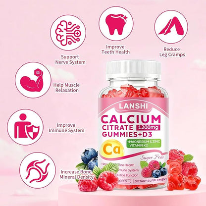 Calcium Citrate Gummies 1200mg with Vitamin D3 & K2 Supplements for Women & Men, High Absorption Calcium Gummies Plus Magnesium, Zinc for Strong Bones & Immune Support Mixed Berry Flavor, 2 Pack