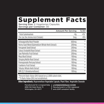Livingood Daily Men's Hormone Support Supplement for Vitality & Balance, 14-in-1 Testosterone Booster for Men with Ashwagandha, Maca, DIM, Zinc, Saw Palmetto, Vitamin B12 & More, Vegan, 120 Capsules
