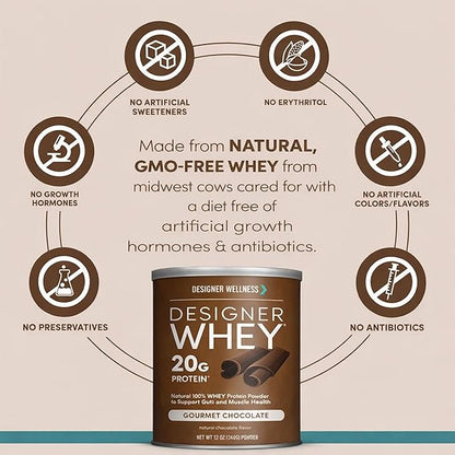 Designer Wellness, Designer Whey, Natural Whey Protein Powder with Probiotics, Fiber, and Key B-Vitamins for Energy, Gluten-Free, Gourmet Chocolate, 12oz